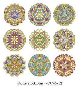 Flower vector mandalas set. Collrction of oriental circle patterns, coloring illustrations. Islam, turkish, pakistan, indian, chinese, arabic, ottoman ornate motifs