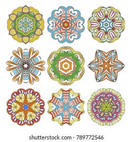 Flower vector mandalas set. Collrction of oriental circle patterns, coloring illustrations. Islam, turkish, pakistan, indian, chinese, arabic, ottoman ornate motifs