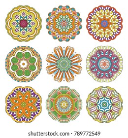 Flower vector mandalas set. Collrction of oriental circle patterns, coloring illustrations. Islam, turkish, pakistan, indian, chinese, arabic, ottoman ornate motifs
