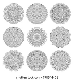 Flower vector mandalas set. Collrction of oriental circle patterns, coloring illustrations. Islam, turkish, pakistan, indian, chinese, arabic, ottoman ornate motifs
