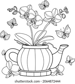 Flower, vector. Orchid in a teapot with flying butterflies	