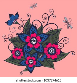 flower vector ornament in the form of a bouquet and dragonfly.