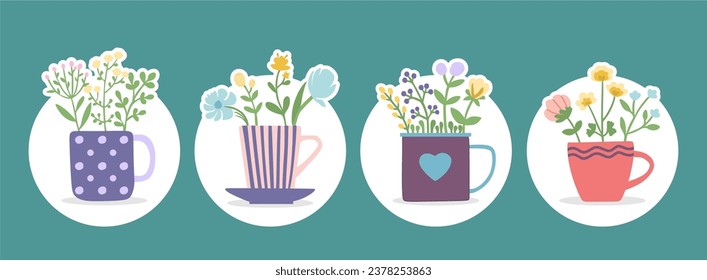 Flower vector. Ornamental plant illustration. Assorted flowers in a cup-shaped vase. Illustration of colorful flowers with white lines.