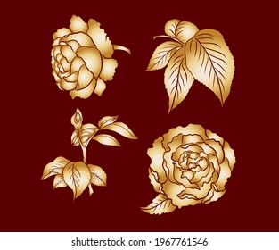 Pintura vectorial de flores Aislada en el fondo.Flores peónicas para imprimir en cortina.Ilustración floral asiática tradicional para el estilo bordado. Flor de rosa. Hermosa línea de arte para el verano.