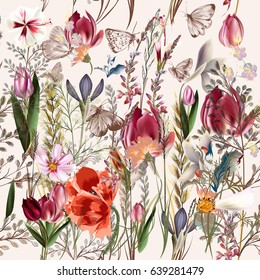 Flower Vector Pattern With Assorted Plants. Vintage Pro-vance Style