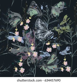 Flower vector pattern with plants and butterflies