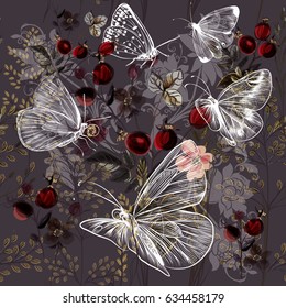 Flower vector pattern with plants and butterflies. Vintage style