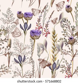 Flower vector pattern with plants. Vintage pro vance style