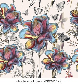 Flower vector pattern with plants. Vintage pro-vance style