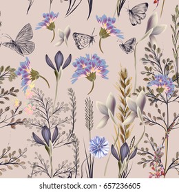 Flower vector pattern with plants. Vintage  style