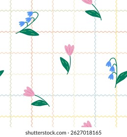 Flower vector pattern, seamless repeating background, flat illustration. Preppy floral bouquet with icons, wallpaper design for cards, fabric, wrapping, textiles, wallpaper, and stationery.