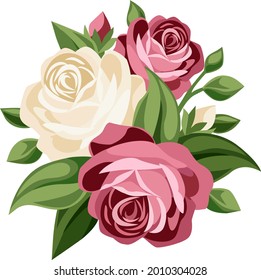Flower vector with pink roses, white jasmine, and green leaves