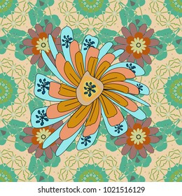 Flower vector seamless pattern with assorted plants in blue, green and beige. Vintage pro-vance style.