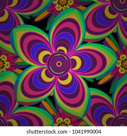 Flower vector seamless pattern with assorted plants in yellow, magenta and purple. Vintage pro-vance style.