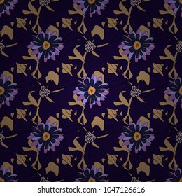 Flower vector seamless pattern with assorted plants. Vintage pro-vance style in beige, purple and black colors.