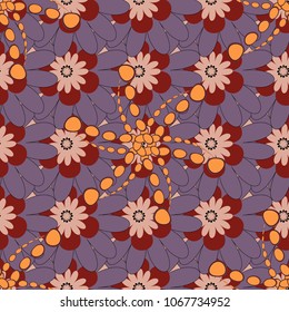 Flower vector seamless pattern with assorted plants in neutral, red and beige. Vintage pro-vance style.