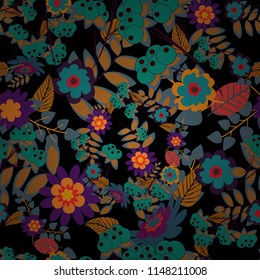 Flower vector seamless pattern with assorted plants. Vintage pro-vance style in black, blue and green colors.