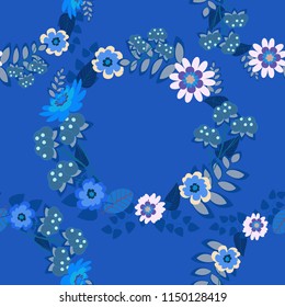 Flower vector seamless pattern with assorted plants. Vintage pro-vance style in beige, blue and purple colors.