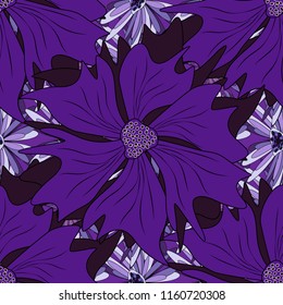 Flower vector seamless pattern with assorted plants in brown, black and violet. Vintage style.