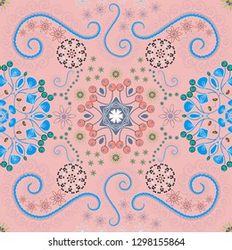 Flower vector seamless pattern with assorted plants. Vintage pro-vance style in red, blue and pink colors.
