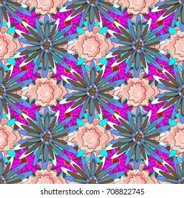 Flower vector seamless pattern with assorted plants in blue, brown and pink. Vintage pro-vance style.