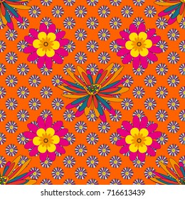 Flower vector seamless pattern with assorted plants in orange, magenta and yellow. Vintage pro-vance style.