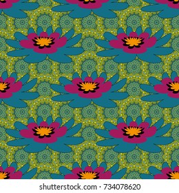Flower vector seamless pattern with assorted plants. Vintage pro-vance style in green, purple and blue colors.