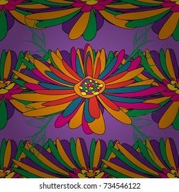 Flower vector seamless pattern with assorted plants in yellow, violet and green. Vintage pro-vance style.