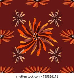 Flower vector seamless pattern with assorted plants in red, orange and magenta. Vintage pro-vance style.