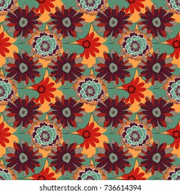 Flower vector seamless pattern with assorted plants in purple, red and green. Vintage pro-vance style.