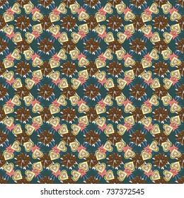 Flower vector seamless pattern with assorted plants in green, brown and yellow. Vintage pro-vance style.