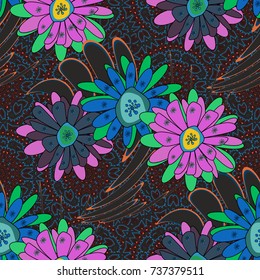 Flower vector seamless pattern with assorted plants in brown, blue and gray. Vintage pro-vance style.