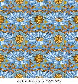 Flower vector seamless pattern with assorted plants. Vintage pro-vance style in yellow, brown and blue colors.