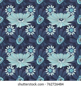 Flower vector seamless pattern with assorted plants. Vintage pro-vance style in violet, blue and neutral colors.