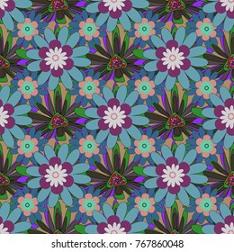 Flower vector seamless pattern with assorted plants in blue, brown and green. Vintage pro-vance style.