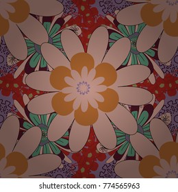 Flower vector seamless pattern with assorted plants in red, violet and brown. Vintage pro-vance style.