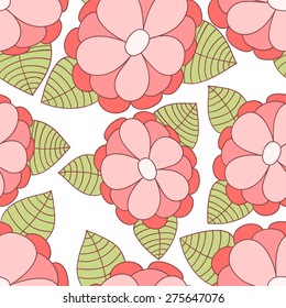 Flower vector seamless pattern. Pink rose with green leaves