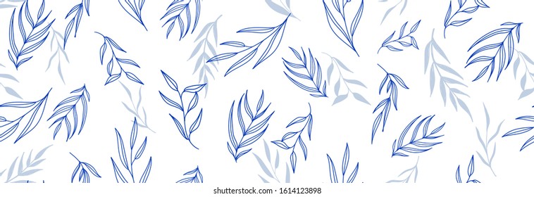 Flower Vector seamless pattern   texture with classic blue flat floral hand drawn leaves, branches isolated on white. Design for fashion ,background, wallpaper, fabric, wrapping for spring or summer.