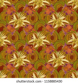 Flower vector seamless pattern in vintage style. Ditsy style. Small flowers in red, brown and yellow colors. Hand drawn vector illustration.