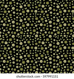 Flower vector seamless pattern in vintage style. Ditsy style. Hand drawn vector illustration. Small flowers in beige, green and brown colors on a black background.