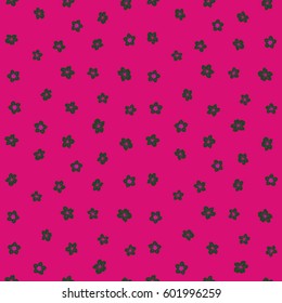 Flower vector seamless pattern in vintage style. Small flowers in green and magenta colors. Ditsy style. Hand drawn vector illustration.