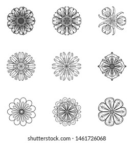 Flower vector set in sketch style. Isolated black icons on white background.