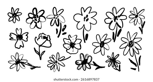 Flower vector sketch arrangement hand drawn in simple doodle style. Grunge botanical wedding, party decoration silhouette collection.