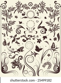 Flower vector swirls, floral frames and flourishes ancient ornaments and vintage herbs icons. Decorative plants design elements