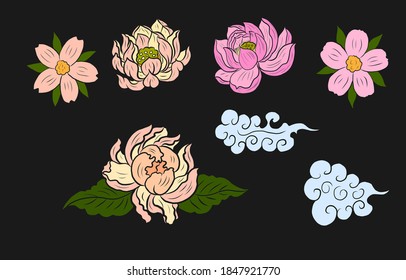 Flower vector for tattoo design.Lotus floral and peony illustration on background.Cherry blossom.Clouds and wave vector.