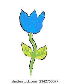 Flower vector, wax crayons like children's hand drawn flower isolated. Pastel chalk or pencil like flower drawn by children's hands on paper. Brush painting style, coloring style with crayon. Spring 