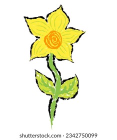 Crayones de cera como las flores dibujadas a mano de los niños aislados en papel blanco. Pastel de tiza o lápiz como árboles dibujados por las manos de los niños sobre el papel. Estilo de pintura de brochas, estilo de colorido con lápices de colores.