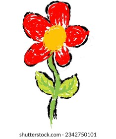 Flower vector, wax crayons like children's hand drawn flower isolated. Pastel chalk or pencil like flower drawn by children's hands on paper. Brush painting style, coloring style with crayon. Spring 