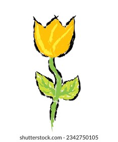 Flower vector, wax crayons like children's hand drawn flower isolated. Pastel chalk or pencil like flower drawn by children's hands on paper. Brush painting style, coloring style with crayon. Spring 