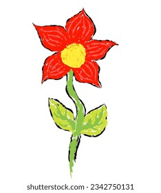Flower vector, wax crayons like children's hand drawn flower isolated. Pastel chalk or pencil like flower drawn by children's hands on paper. Brush painting style, coloring style with crayon. Spring 
